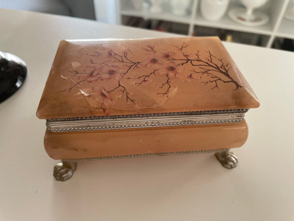 Vintage Alabaster Cherry Blossom Footed Trinket Box