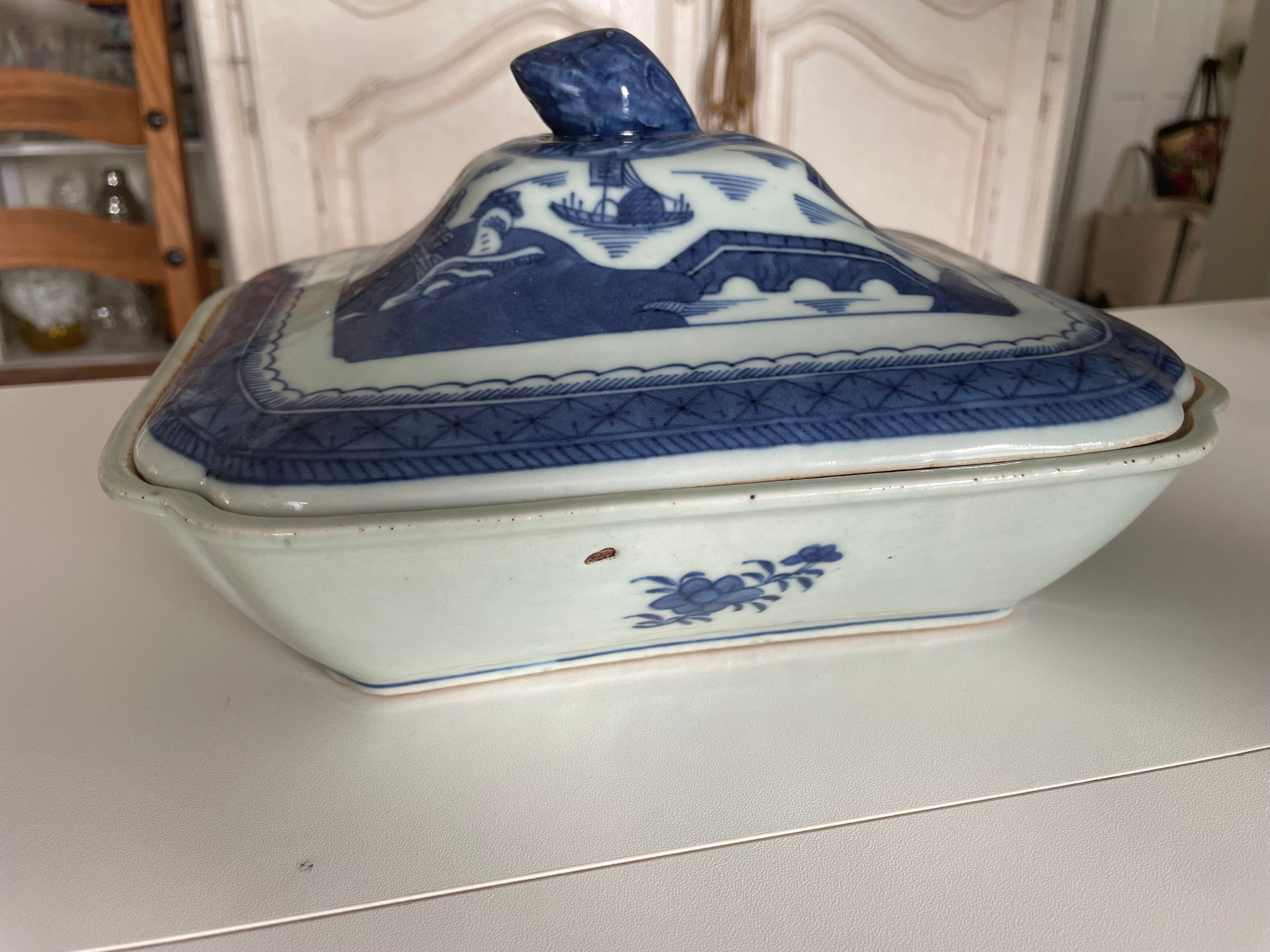 Antique Blue Canton Celadon Lidded Dish