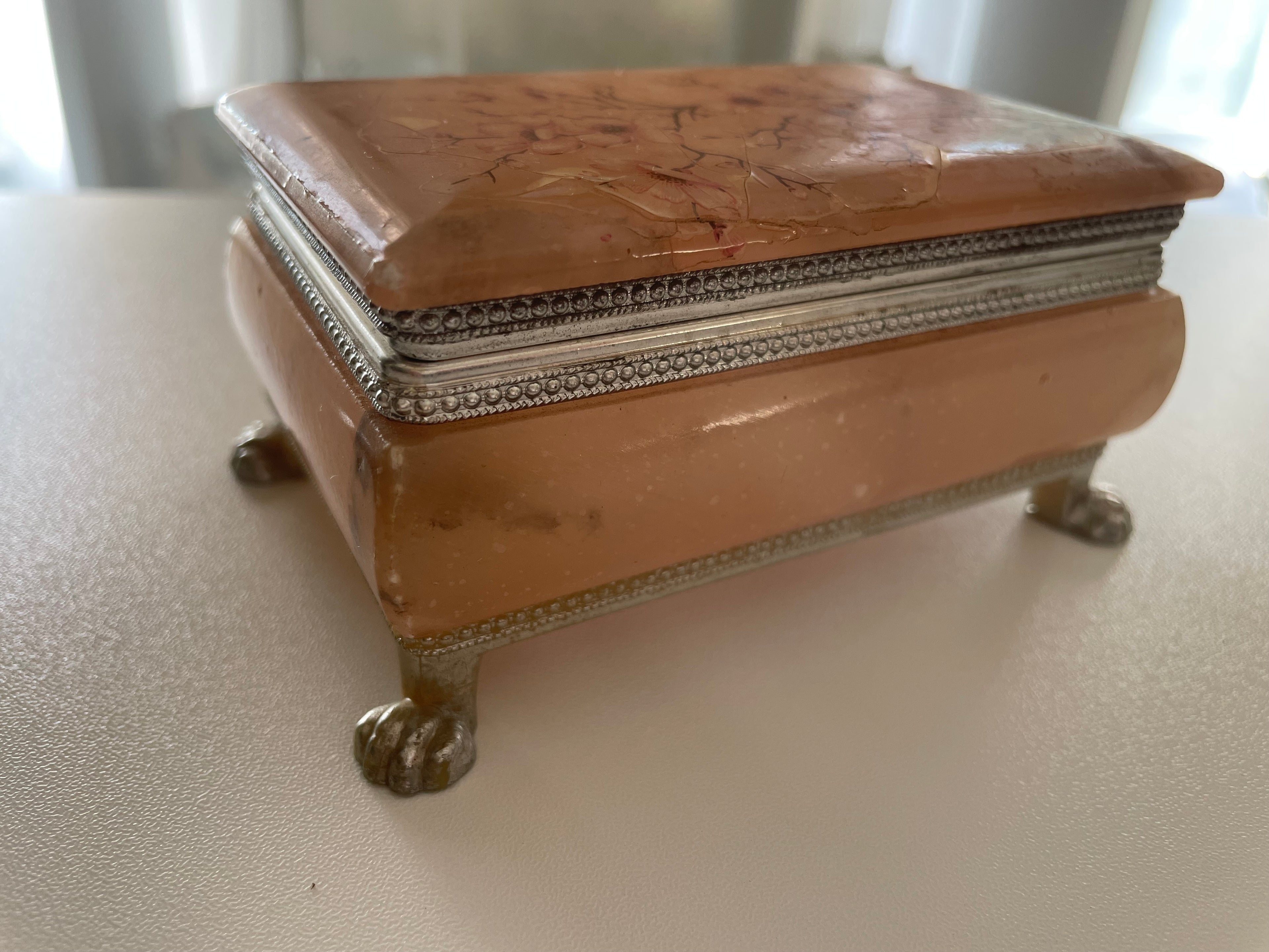 Vintage Alabaster Cherry Blossom Footed Trinket Box