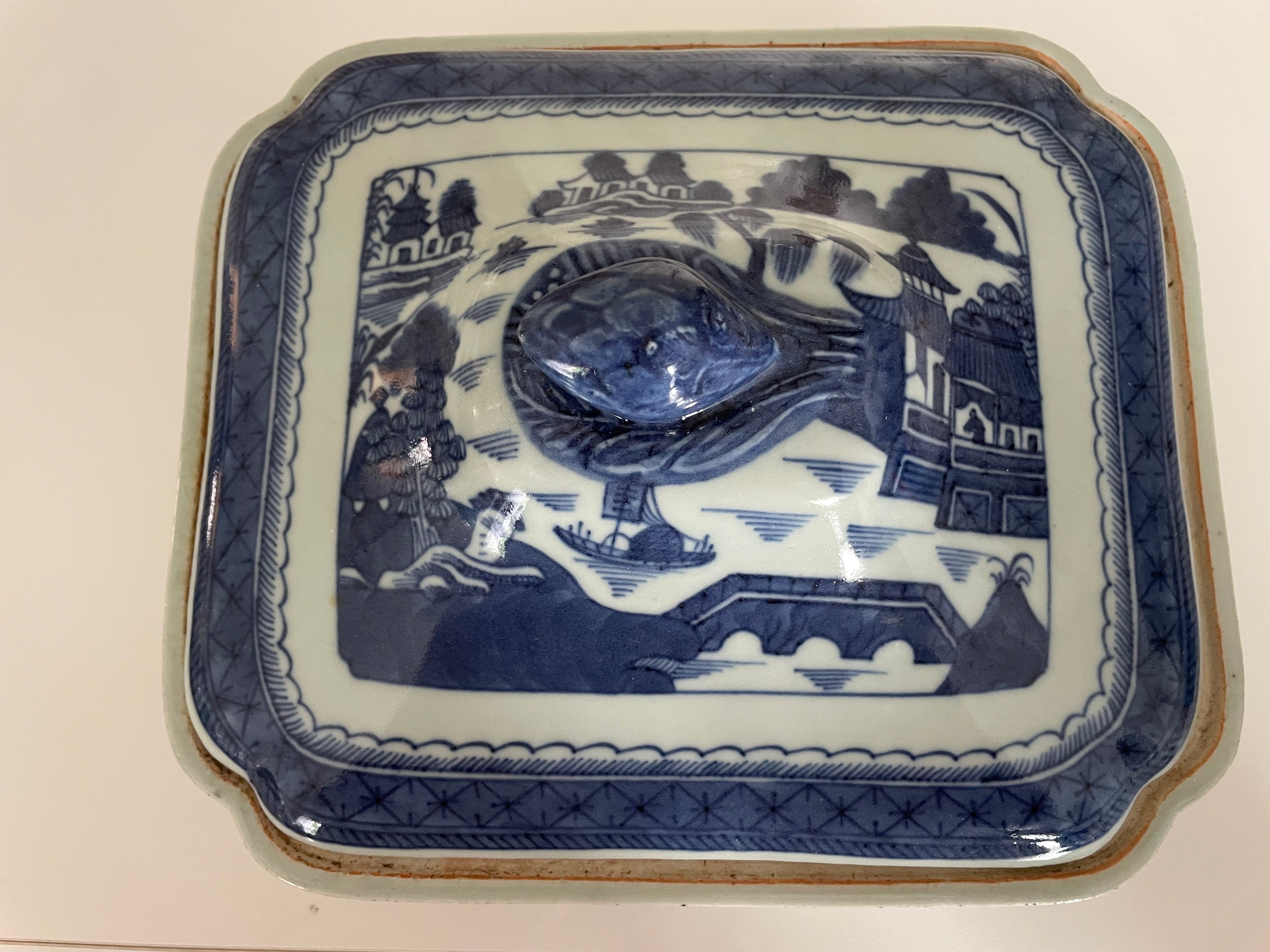 Antique Blue Canton Celadon Lidded Dish