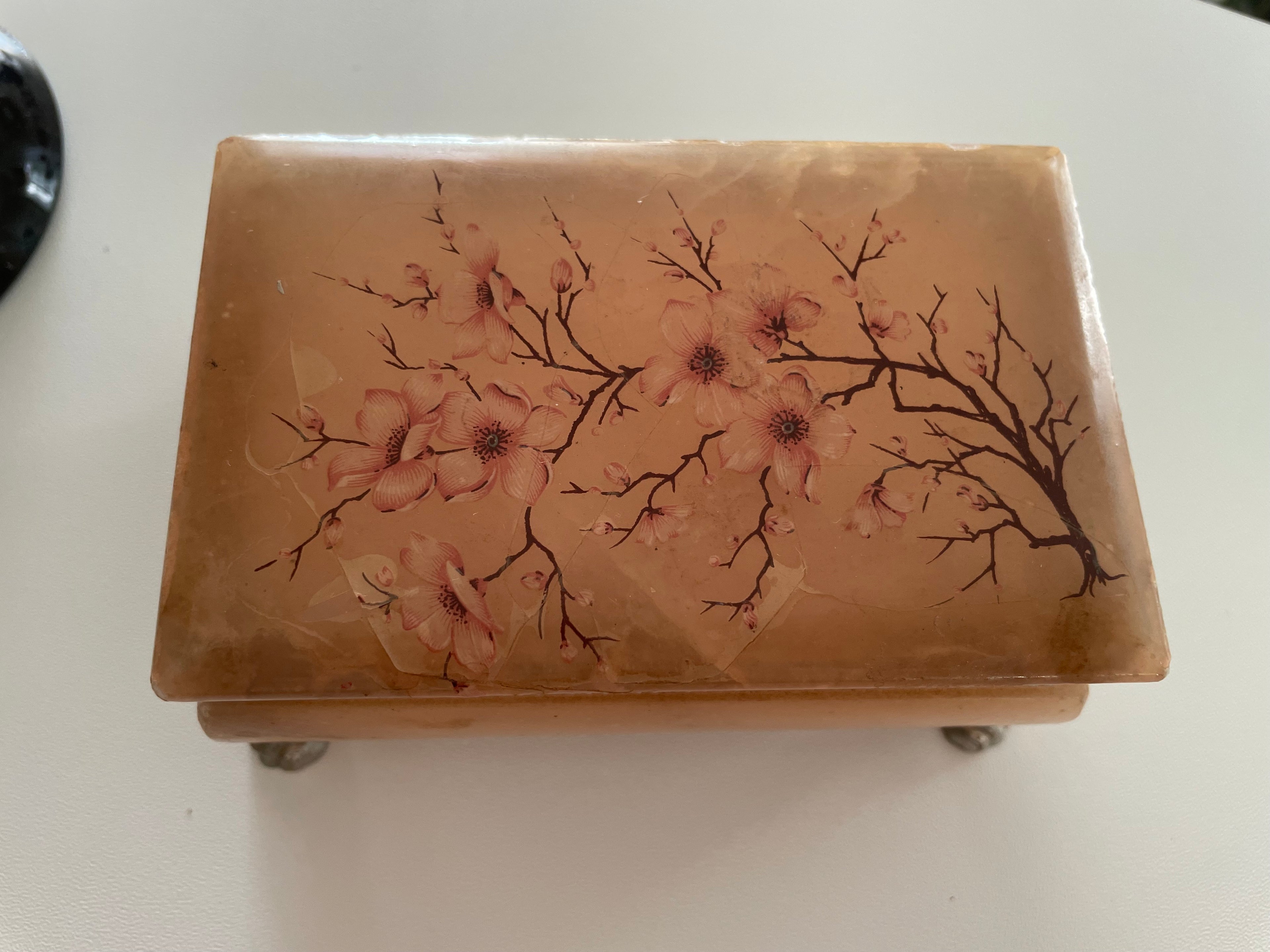 Vintage Alabaster Cherry Blossom Footed Trinket Box