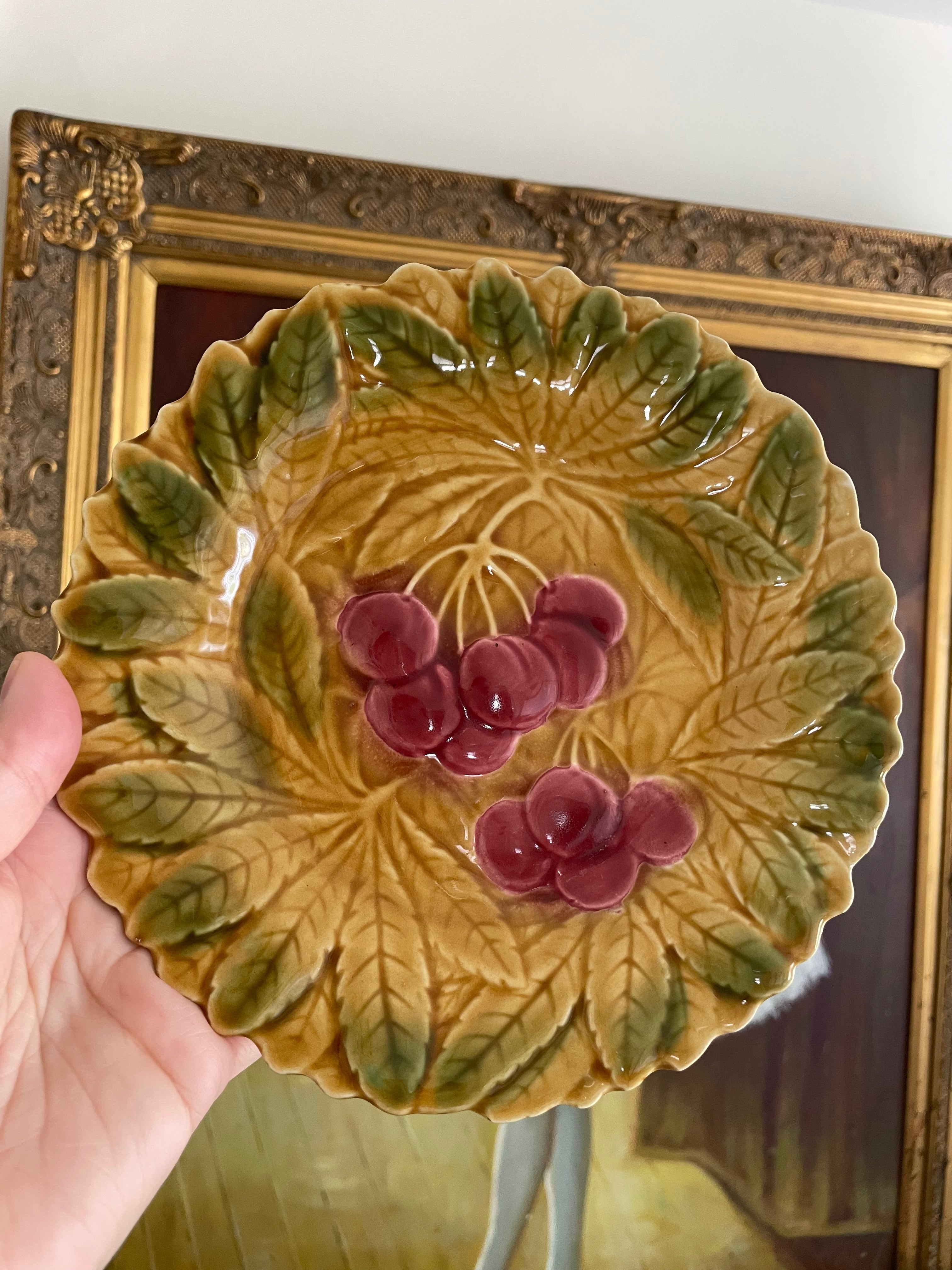 Sarreguemines French Majolica Cherry Dessert Plate