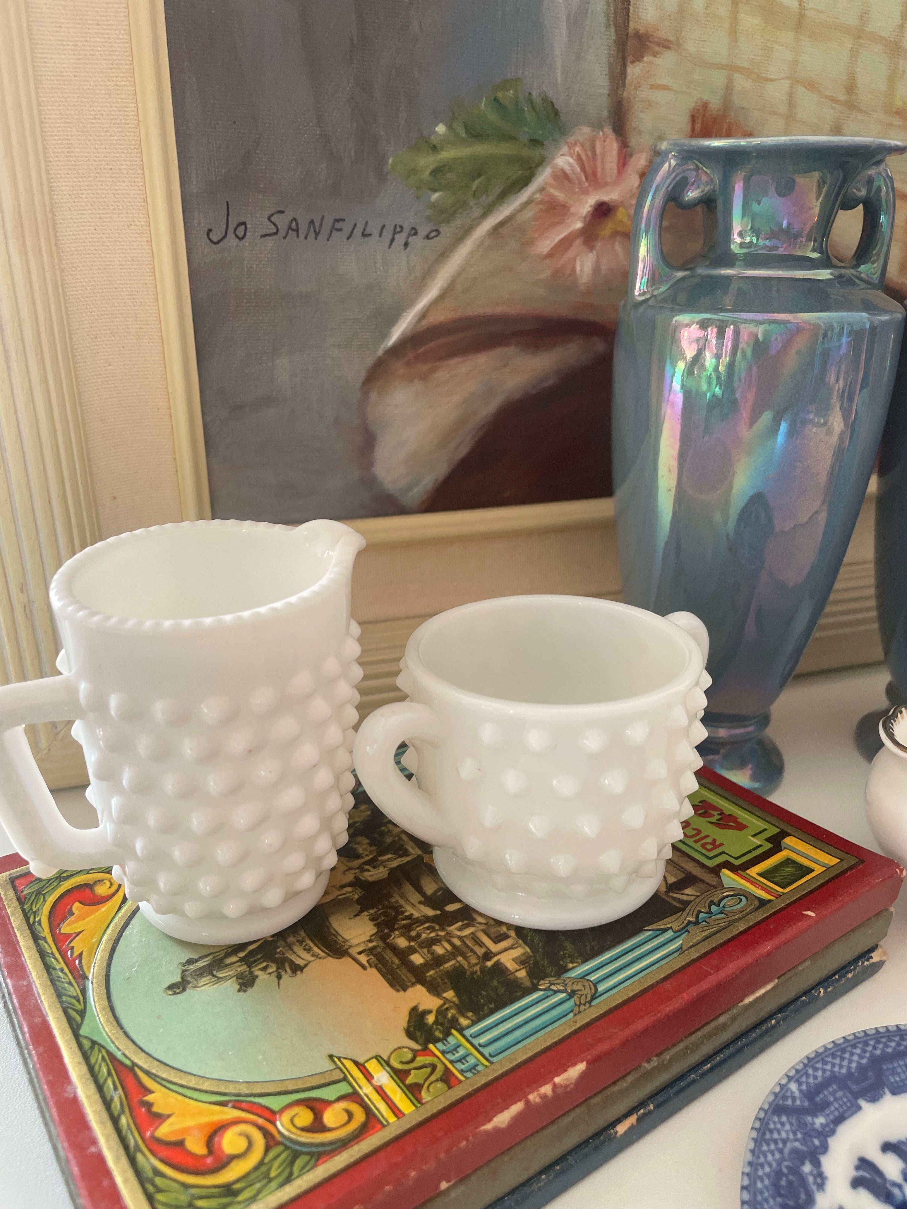 Vintage Mini Hobnail Milkglass Creamer & Sugar