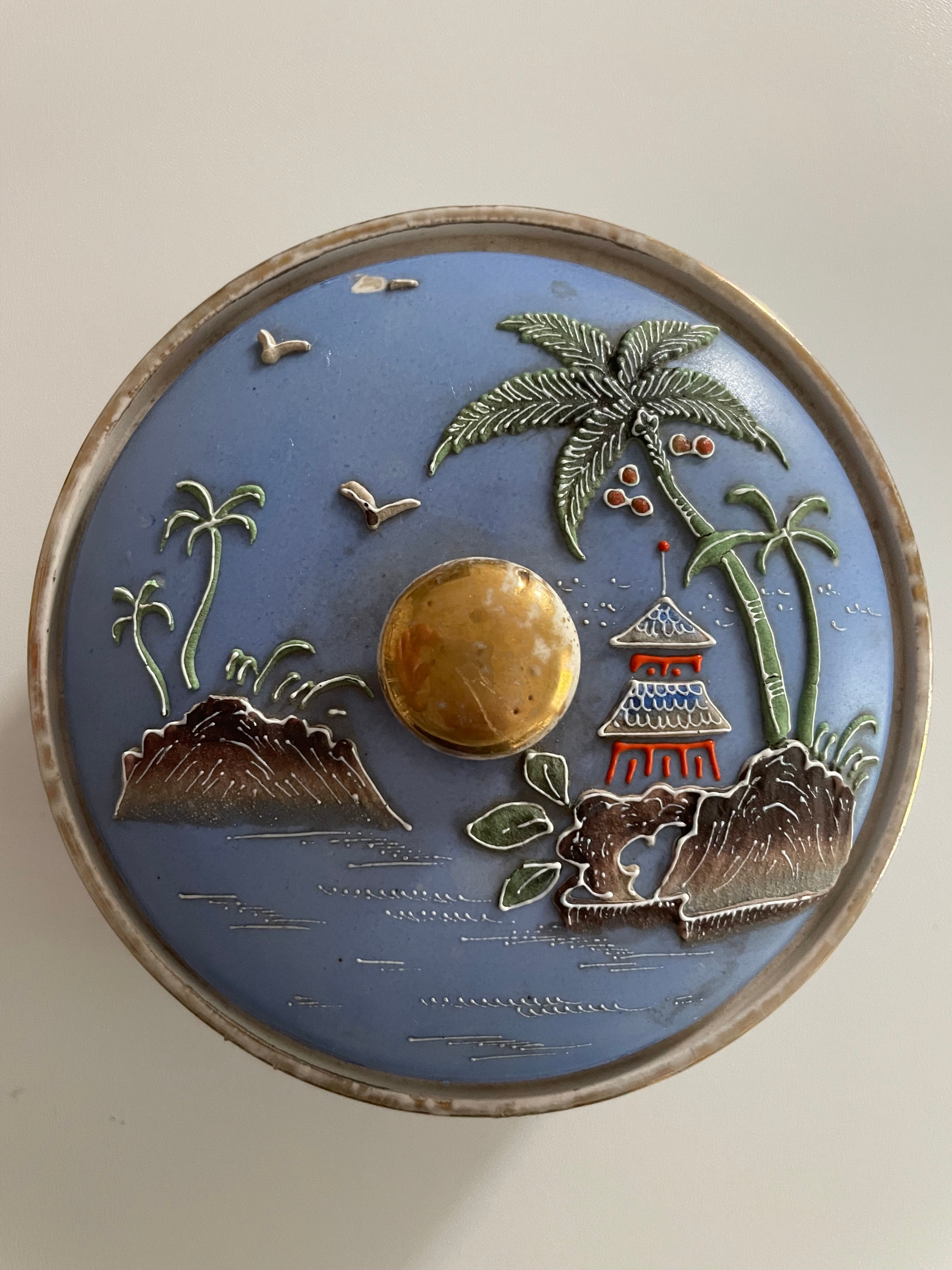 Antique Moriyama Blue Pagoda Trinket Box