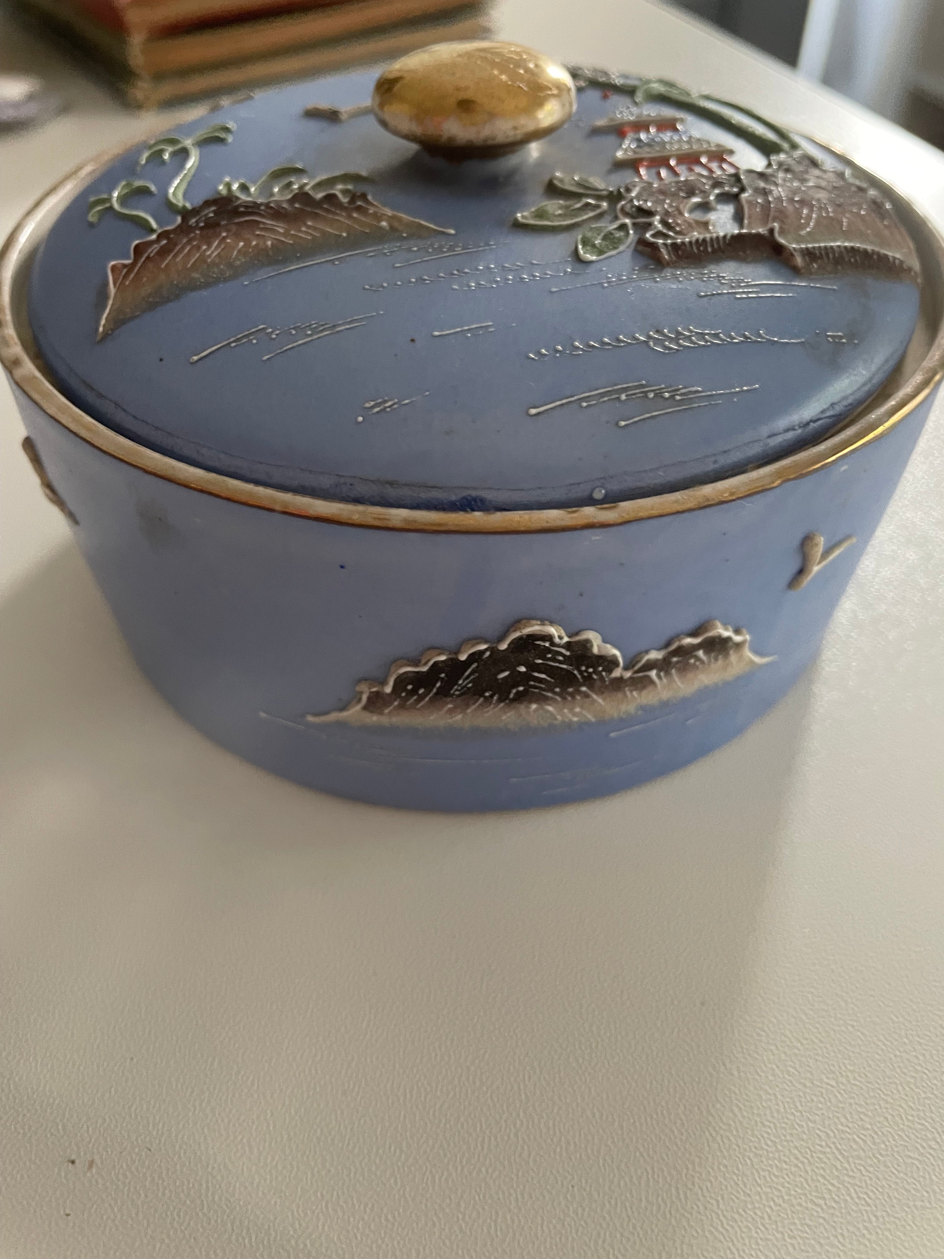 Antique Moriyama Blue Pagoda Trinket Box