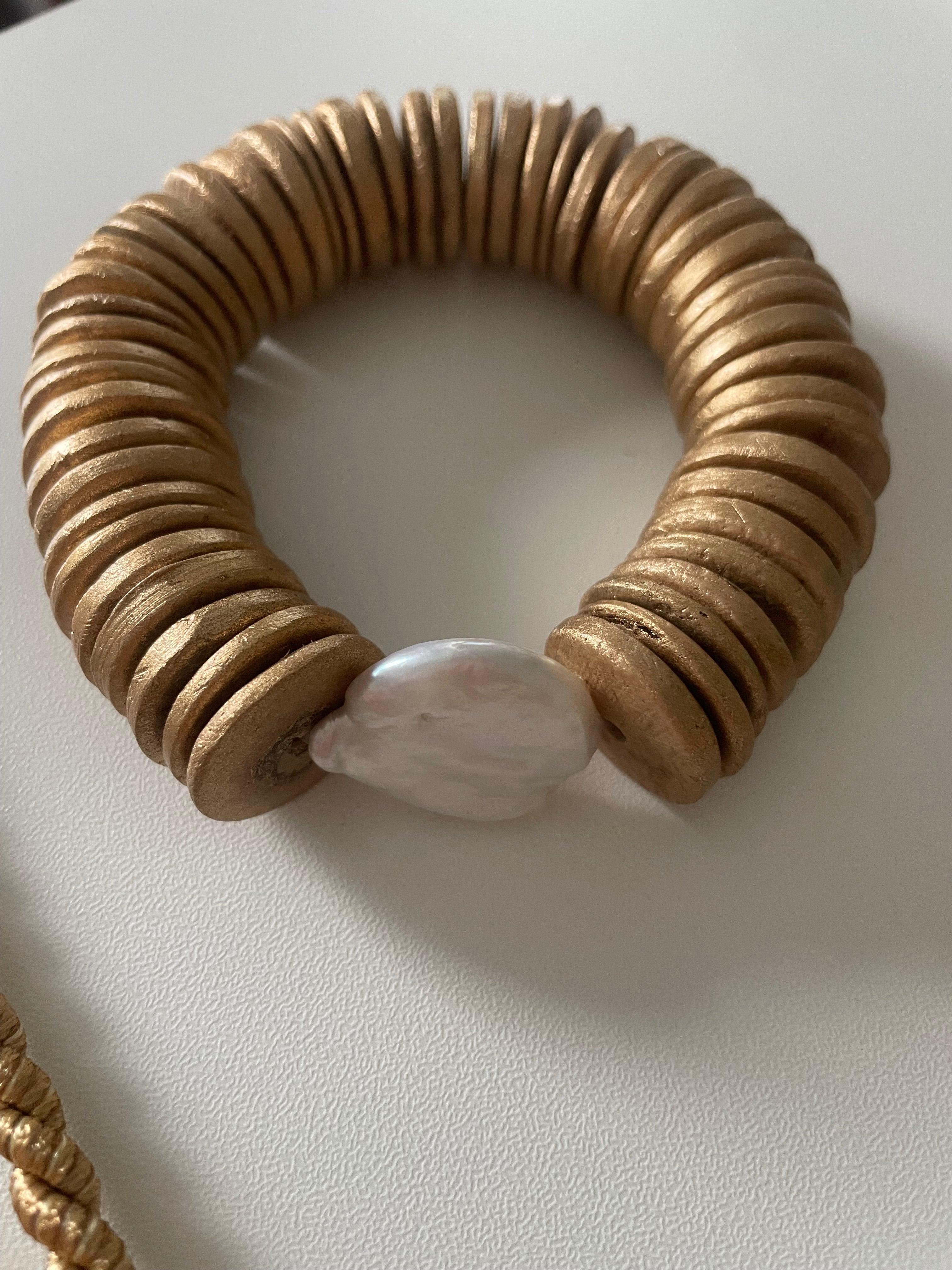 Baroque Pearl & Gold Coconut Shell Bracelet